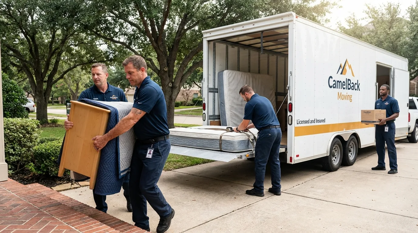 Crew loading residential truck for cross-state move from San Angelo, TX