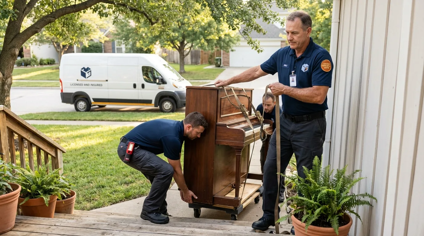 Licensed piano movers securing grand piano in San Angelo, TX