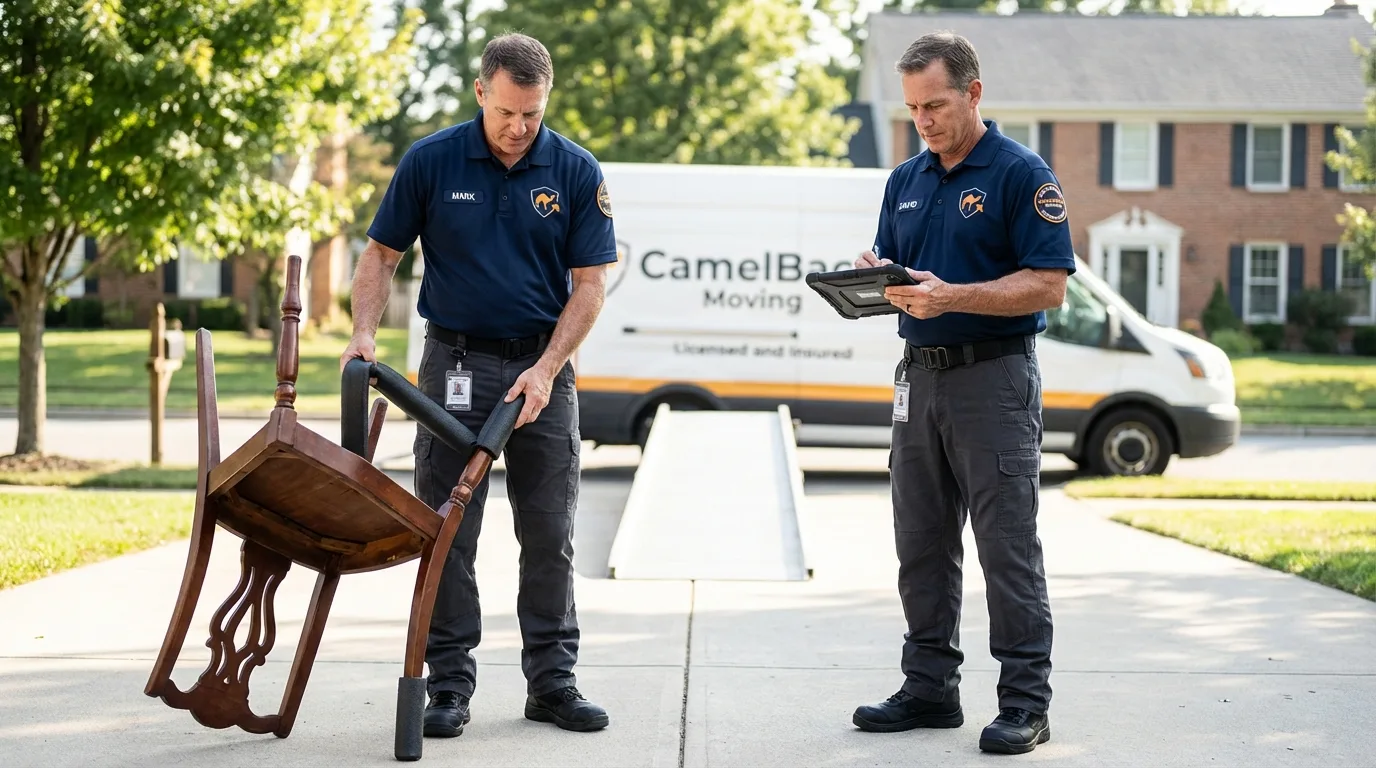 Movers inspecting furniture for damage prevention before loading in San Angelo, TX