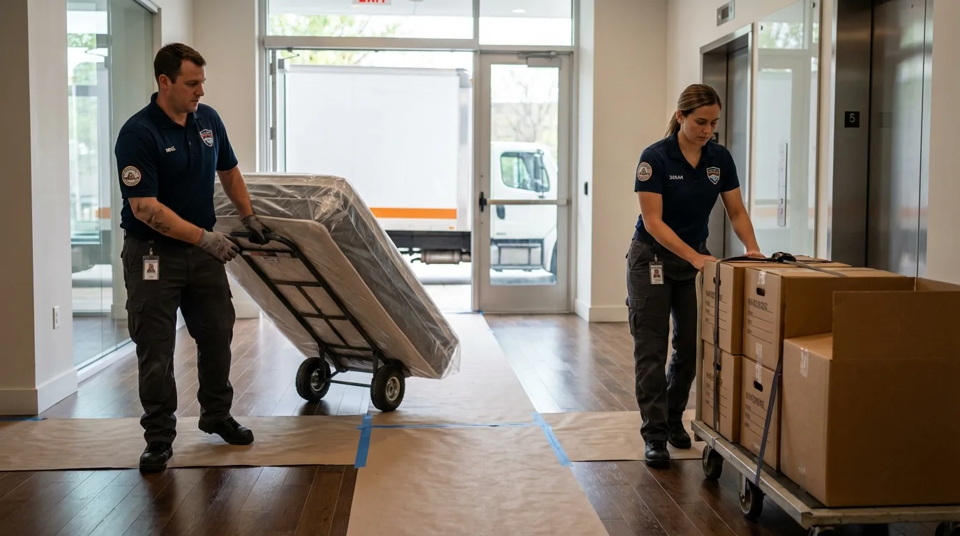 Professional apartment movers loading elevator in San Angelo, TX